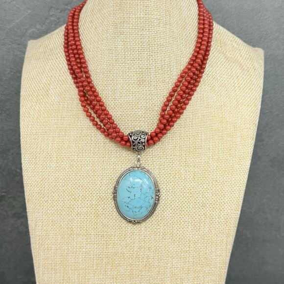 Multi Strand Red Coral and Turquoise Sterling Silver Pendant Statement Necklace - Picture 1 of 11